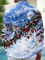 Oceanlyte Men's Long Sleeve Shirt - Christmas Village Scene With Snowy Trees And Church Print with Chest Pocket