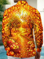 Oceanlyte Men's Long Sleeve Shirt - Autumn Orchard Path With Apples And Pumpkins Print with Chest Pocket
