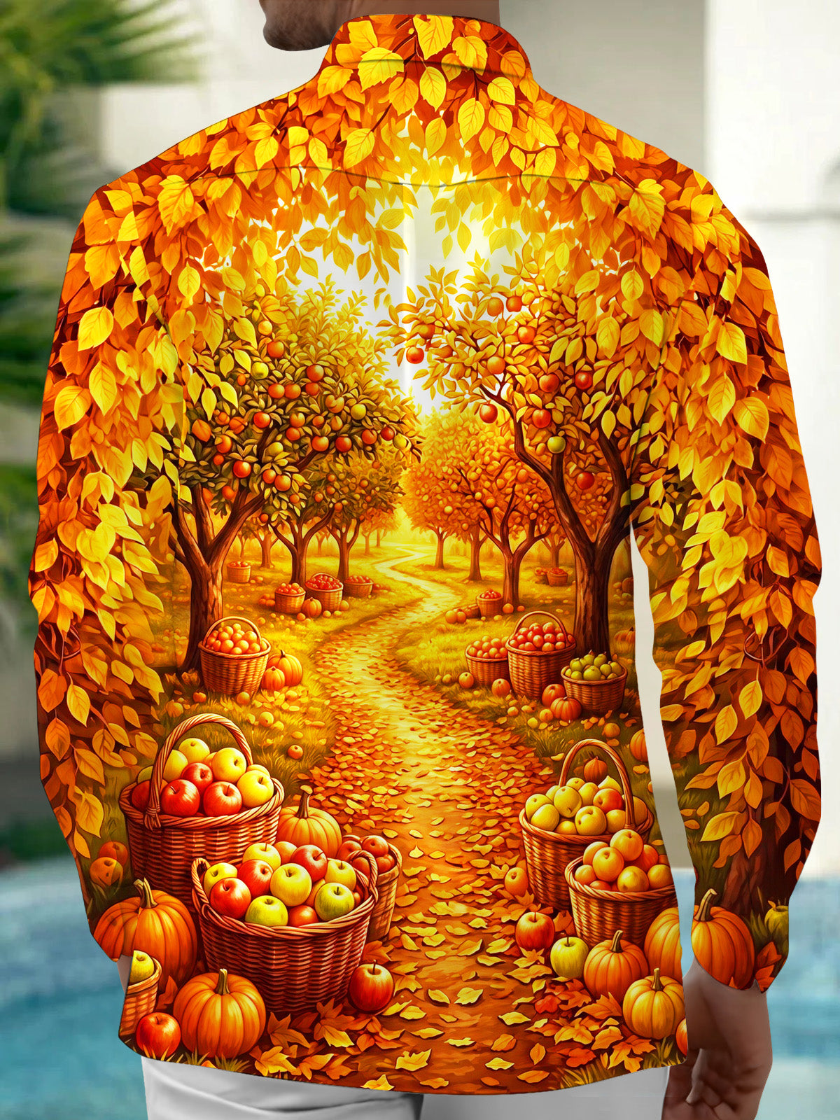 Oceanlyte Men's Long Sleeve Shirt - Autumn Orchard Path With Apples And Pumpkins Print with Chest Pocket