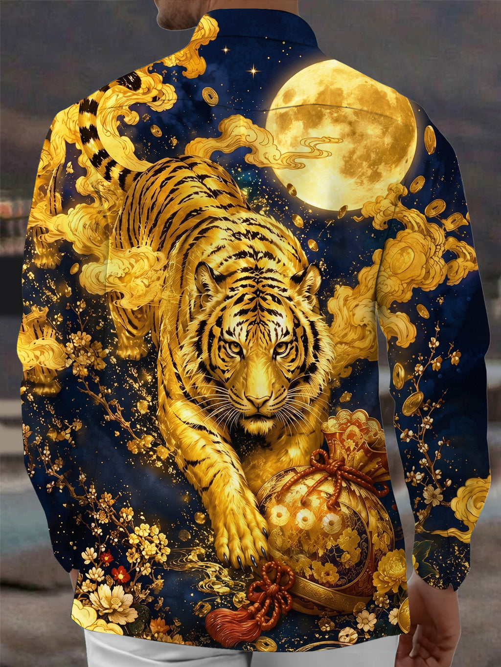 Oceanlyte Men's Graphic Golden Tiger Print Full Moon Print Long Sleeve Shirt with Chest Pocket