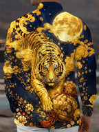 Oceanlyte Men's Graphic Golden Tiger Print Full Moon Print Long Sleeve Shirt with Chest Pocket