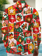 Oceanlyte Men's Graphic Christmas Patchwork Motifs Print Long Sleeve Shirt with Chest Pocket