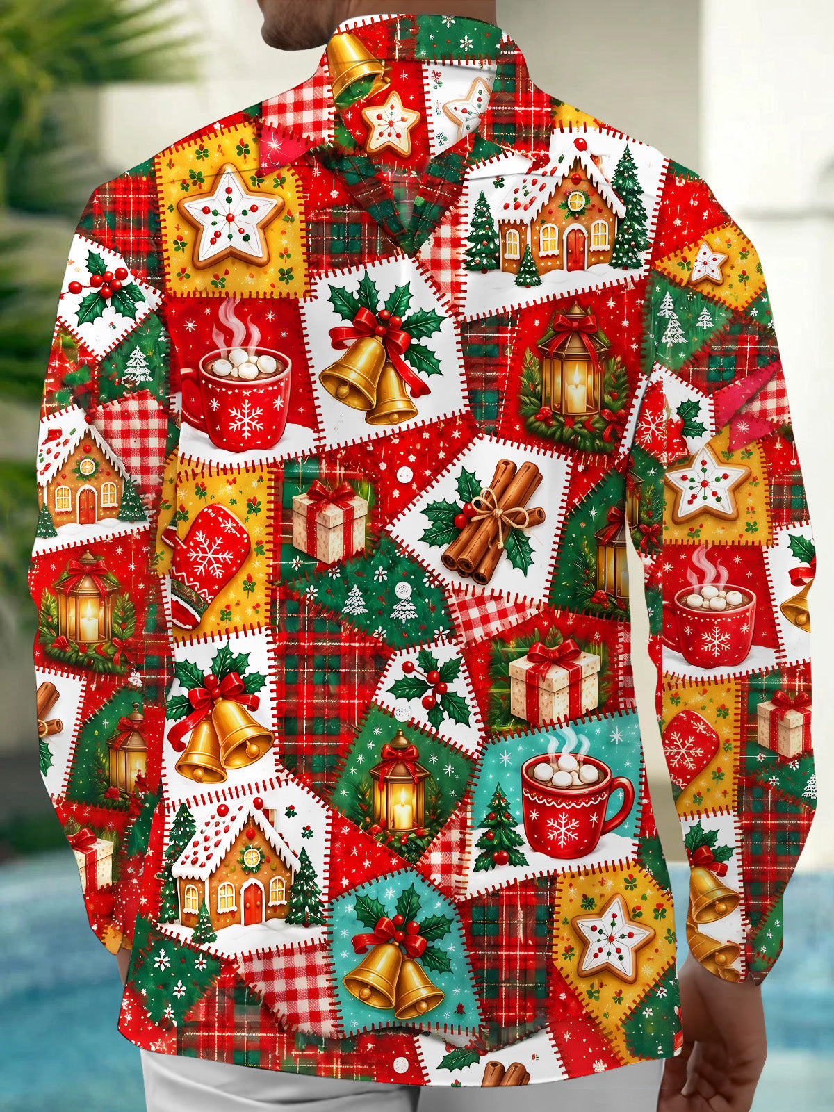 Oceanlyte Men's Graphic Christmas Patchwork Motifs Print Long Sleeve Shirt with Chest Pocket