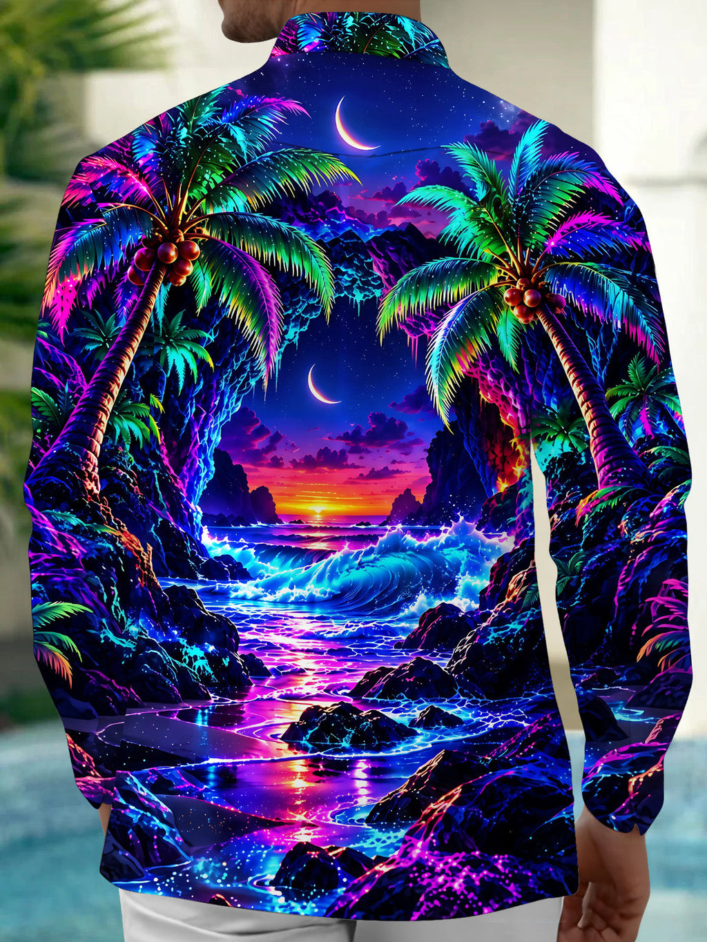 Oceanlyte Men's Long Sleeve Shirt - Neon Palm Trees And Tropical Sunset Beach Print with Chest Pocket