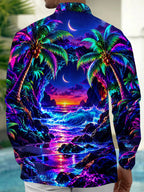 Oceanlyte Men's Long Sleeve Shirt - Neon Palm Trees And Tropical Sunset Beach Print with Chest Pocket