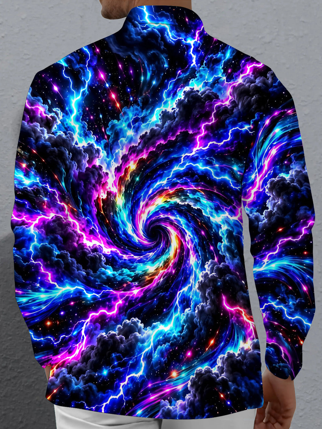 Oceanlyte Men's Long Sleeve Shirt - Abstract Cosmic Swirl With Lightning And Clouds Print with Chest Pocket