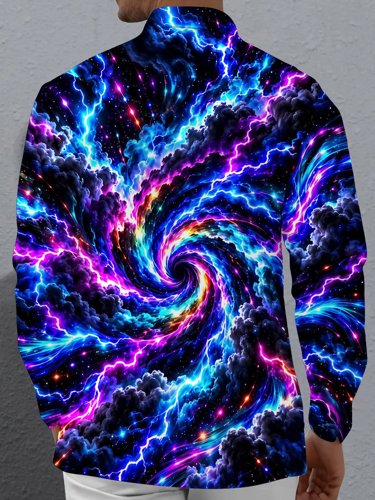 Oceanlyte Men's Long Sleeve Shirt - Abstract Cosmic Swirl With Lightning And Clouds Print with Chest Pocket