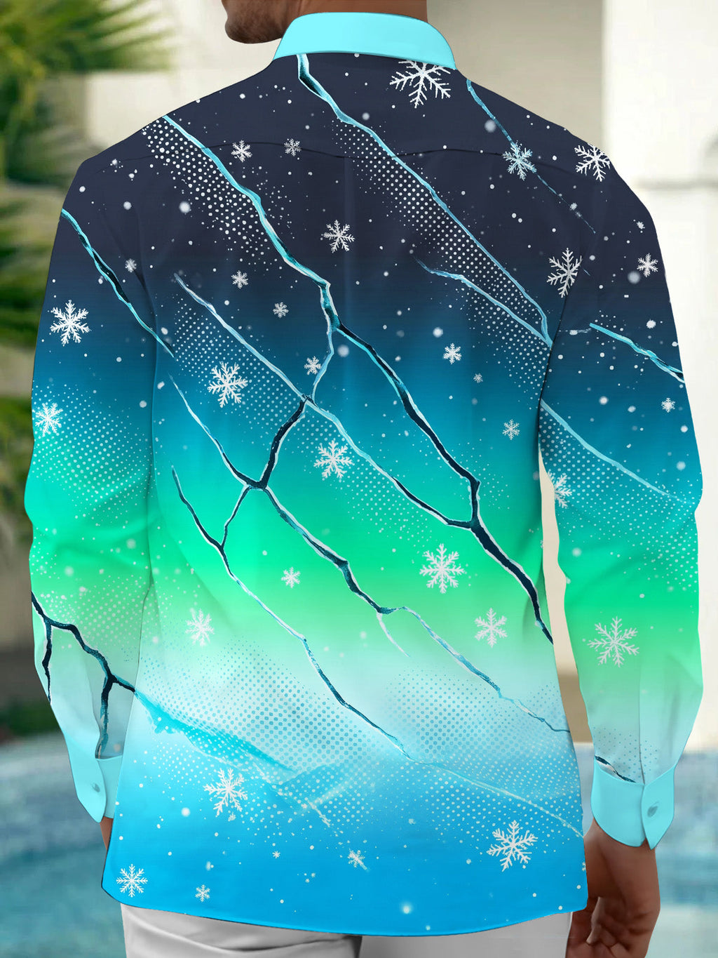 Oceanlyte Men's Snowflake Gradient With Geometric Cracks Print Long Sleeve Shirt with Chest Pocket
