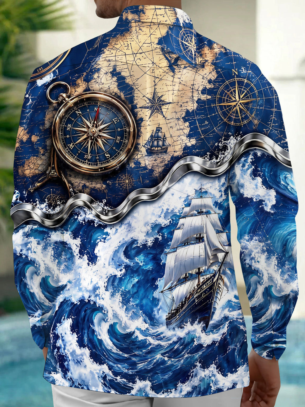 Oceanlyte Men's Vintage Nautical Map And Compass Print Long Sleeve Shirt with Chest Pocket