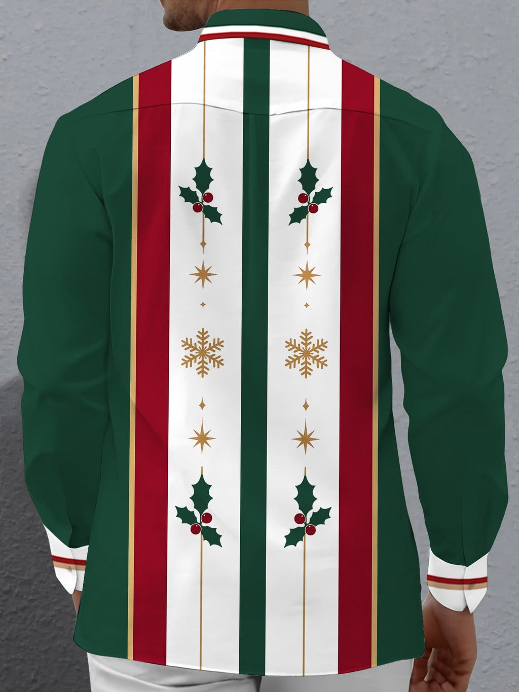 Oceanlyte Men's Patterned Christmas Holly And Snowflakes Print Long Sleeve Shirt with Chest Pocket