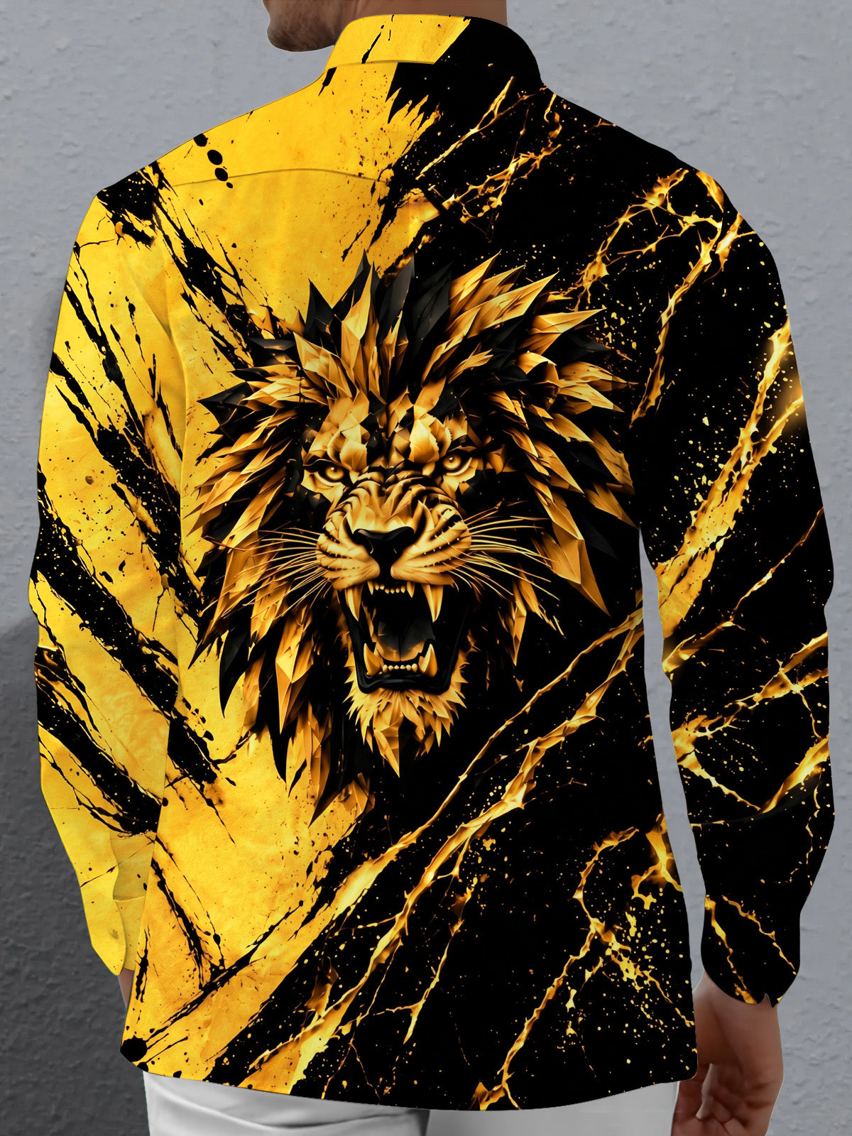 Oceanlyte Men's Graphic Geometric Lion Face Print Long Sleeve Shirt with Chest Pocket