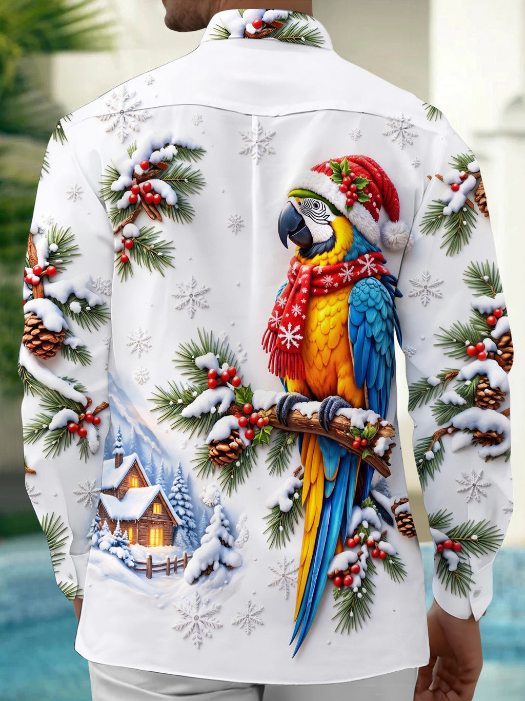 Oceanlyte Men's Graphic Christmas Parrot Print Long Sleeve Shirt with Chest Pocket