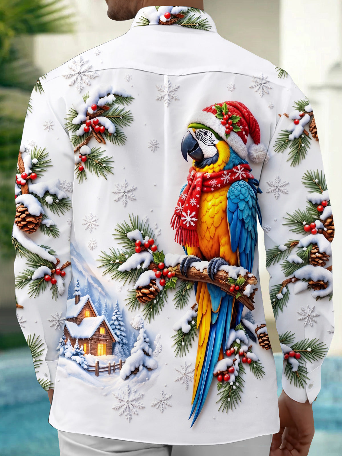 Oceanlyte Men's Graphic Christmas Parrot Print Long Sleeve Shirt with Chest Pocket