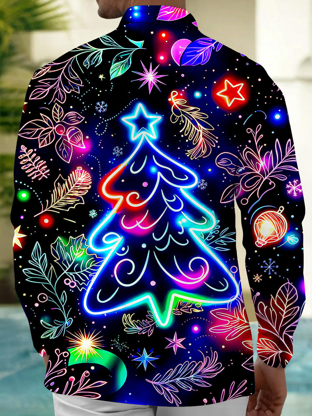 Oceanlyte Men's Graphic Neon Christmas Tree Print Long Sleeve Shirt with Chest Pocket