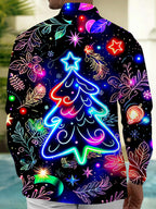 Oceanlyte Men's Graphic Neon Christmas Tree Print Long Sleeve Shirt with Chest Pocket