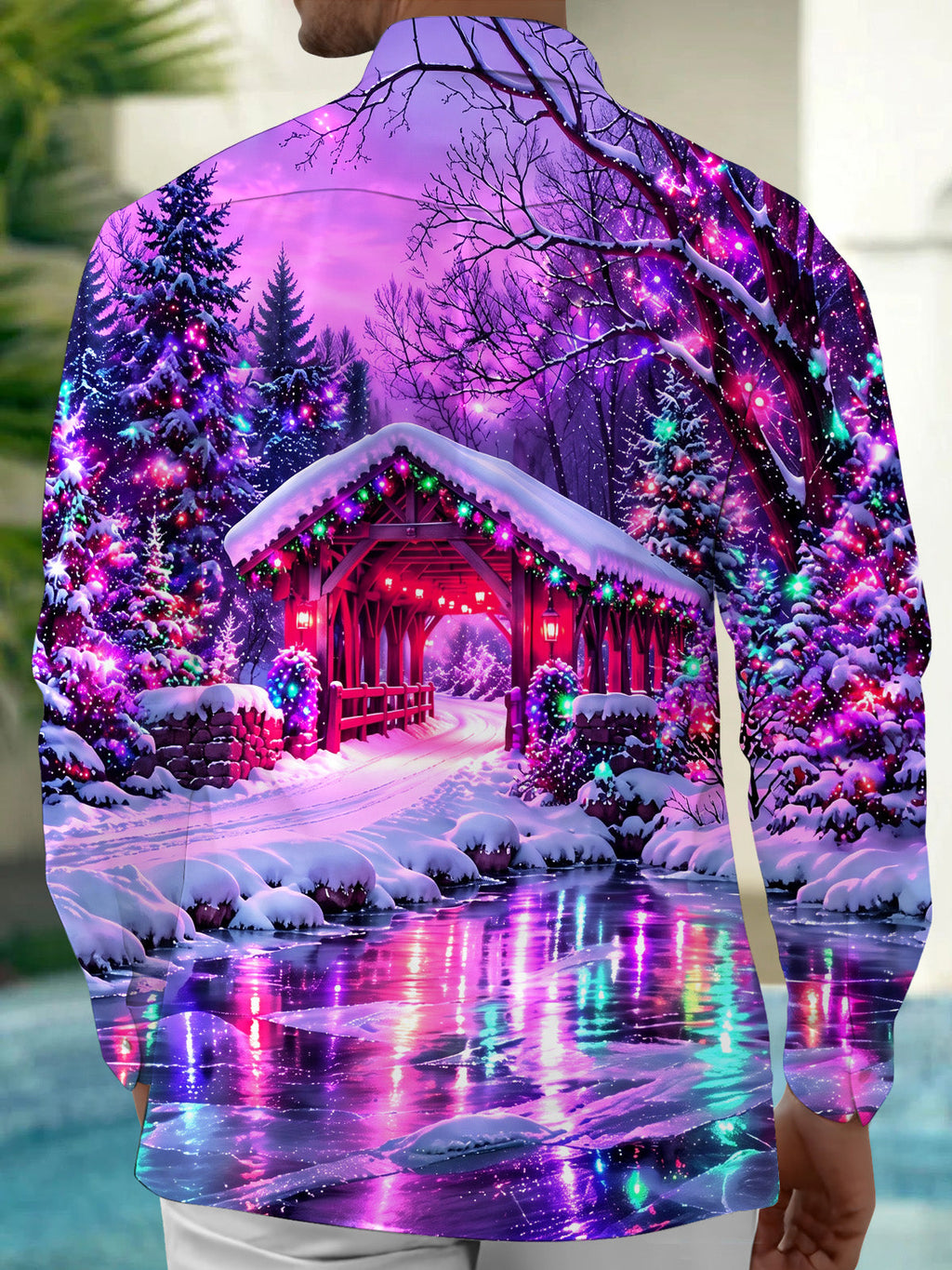 Oceanlyte Men's Long Sleeve Shirt - Christmas Covered Bridge And Winter Landscape Print with Chest Pocket