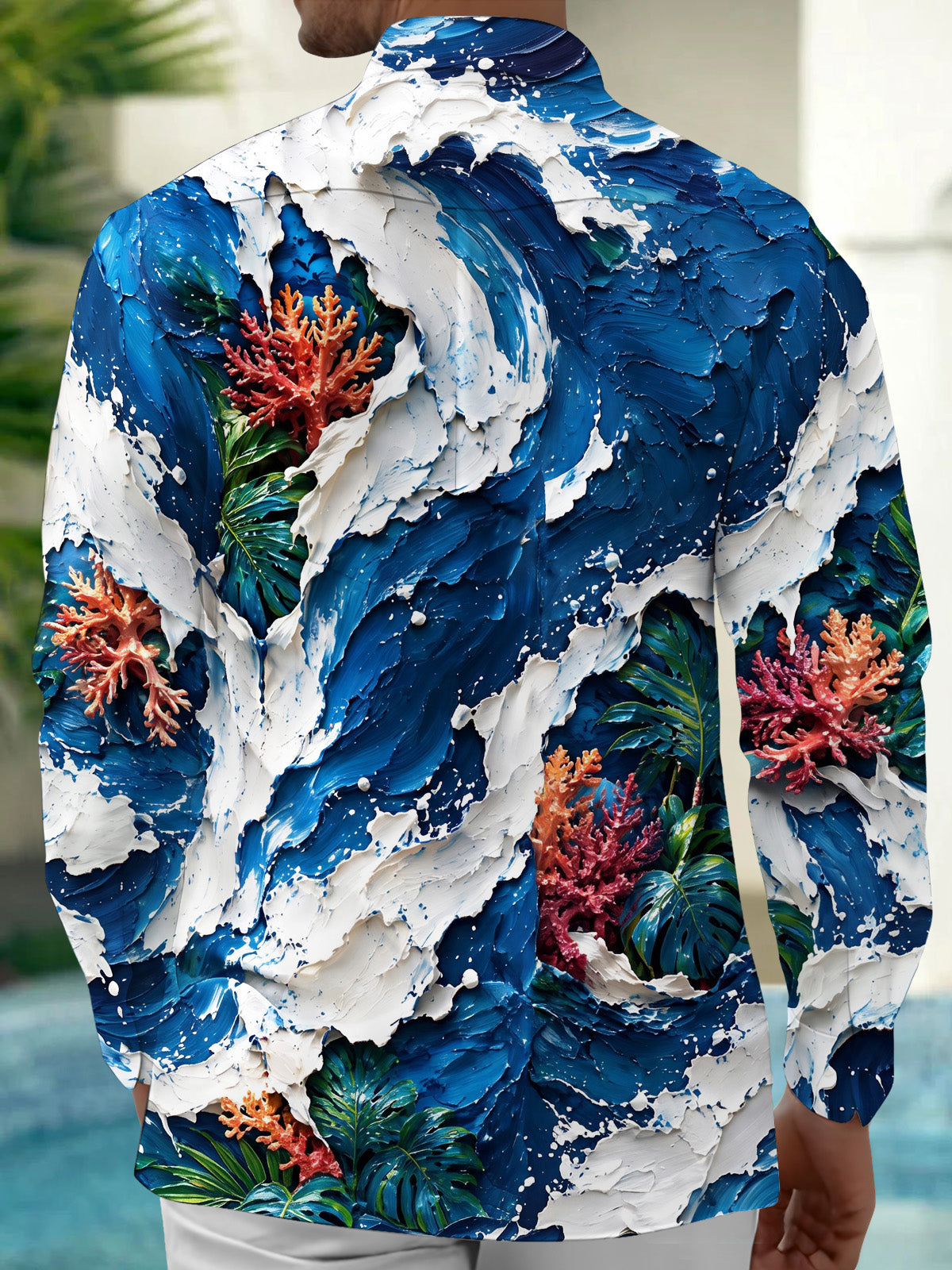 Oceanlyte Men's Hawaiian Coral Reefs And Tropical Leaves Print Long Sleeve Shirt with Chest Pocket