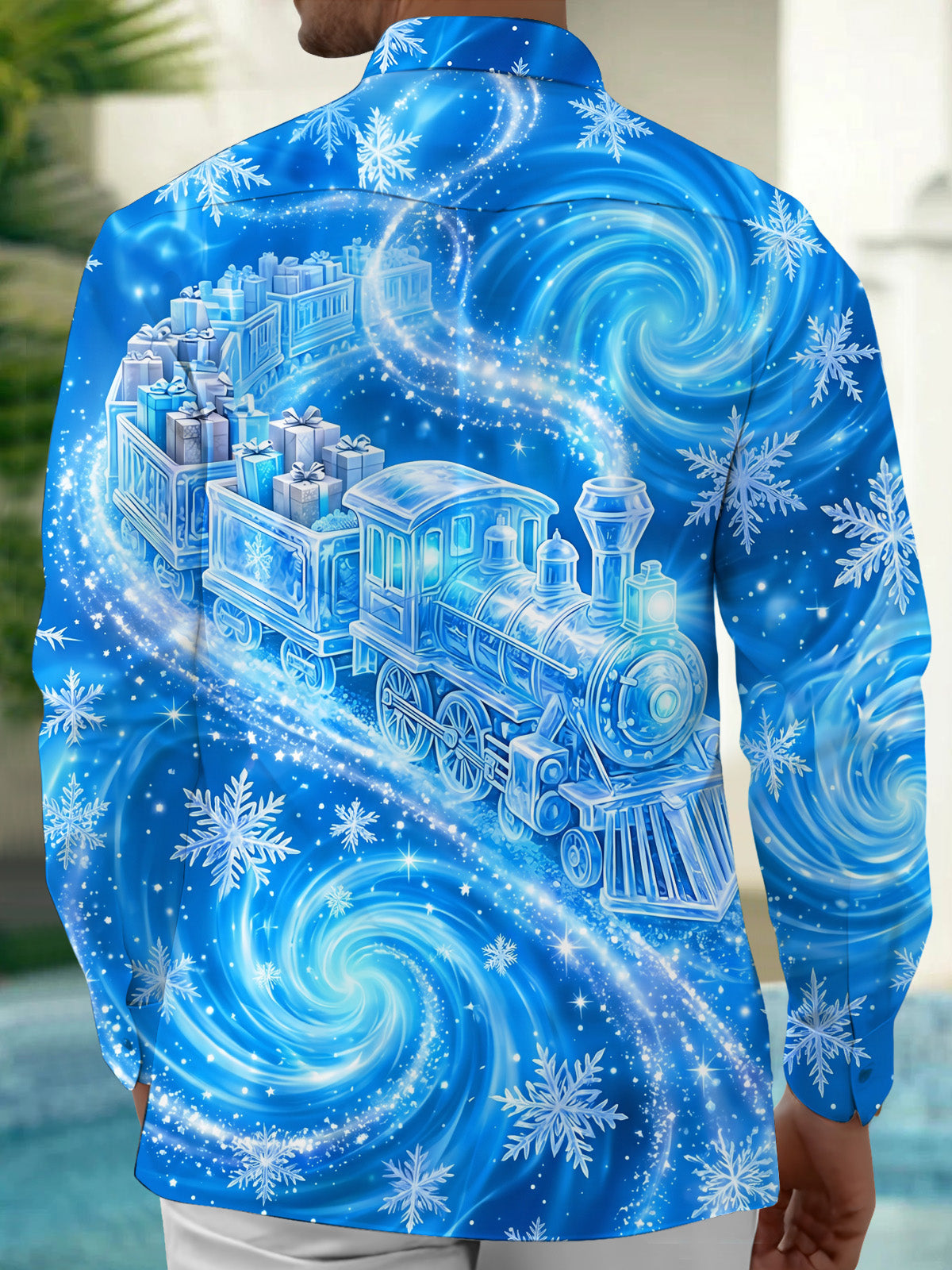 Oceanlyte Men's Printed Christmas Train And Gifts Print Long Sleeve Shirt