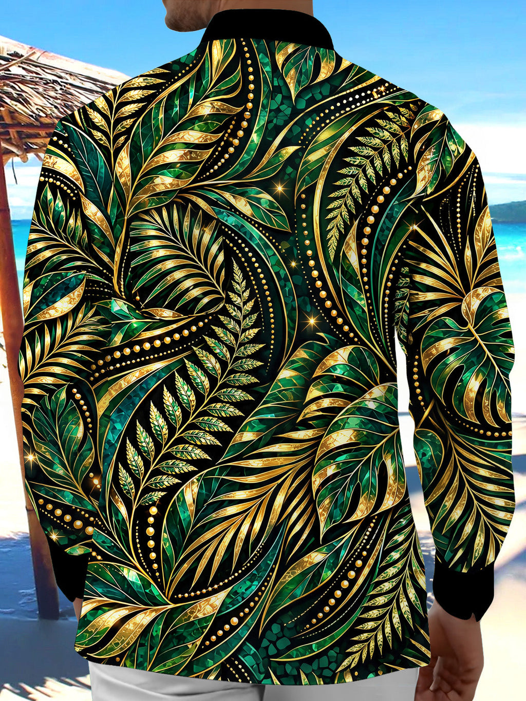 Oceanlyte Men's Gold And Green Palm Leaves And Ferns Print Long Sleeve Shirt with Chest Pocket