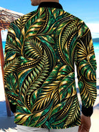 Oceanlyte Men's Gold And Green Palm Leaves And Ferns Print Long Sleeve Shirt with Chest Pocket