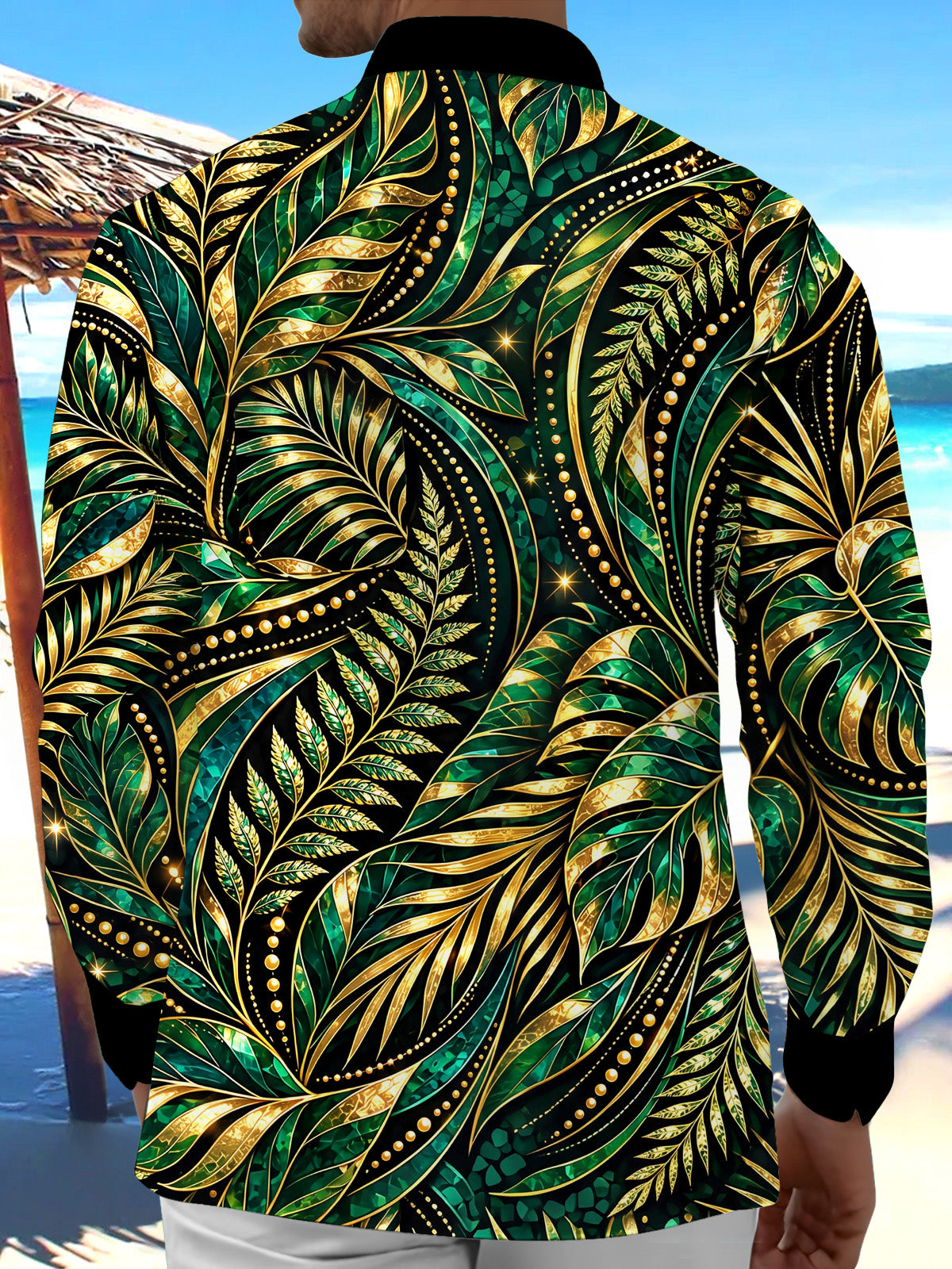 Oceanlyte Men's Gold And Green Palm Leaves And Ferns Print Long Sleeve Shirt with Chest Pocket