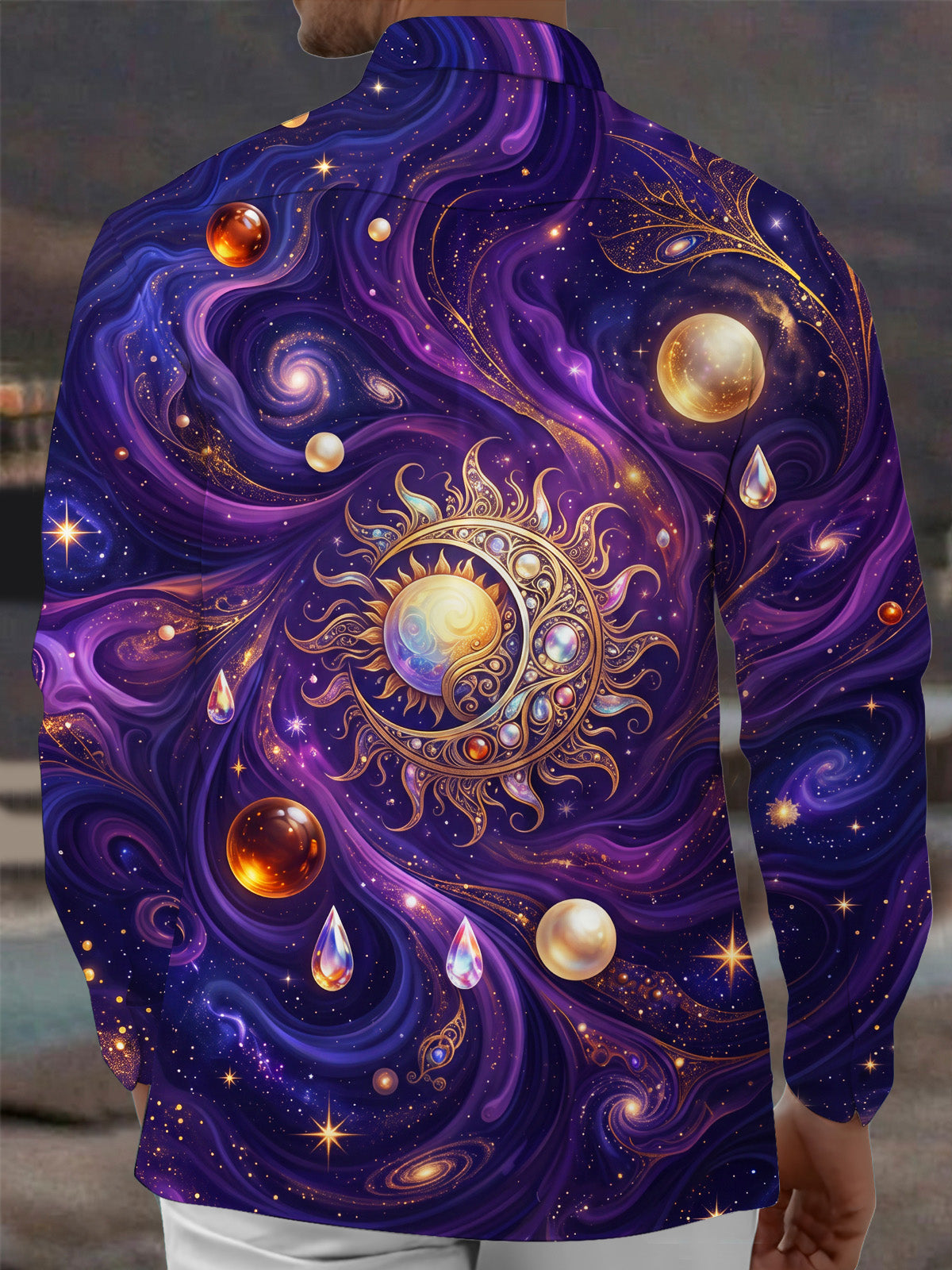 Oceanlyte Men's Graphic Sun Moon Cosmic Vortex Print Long Sleeve Shirt with Chest Pocket
