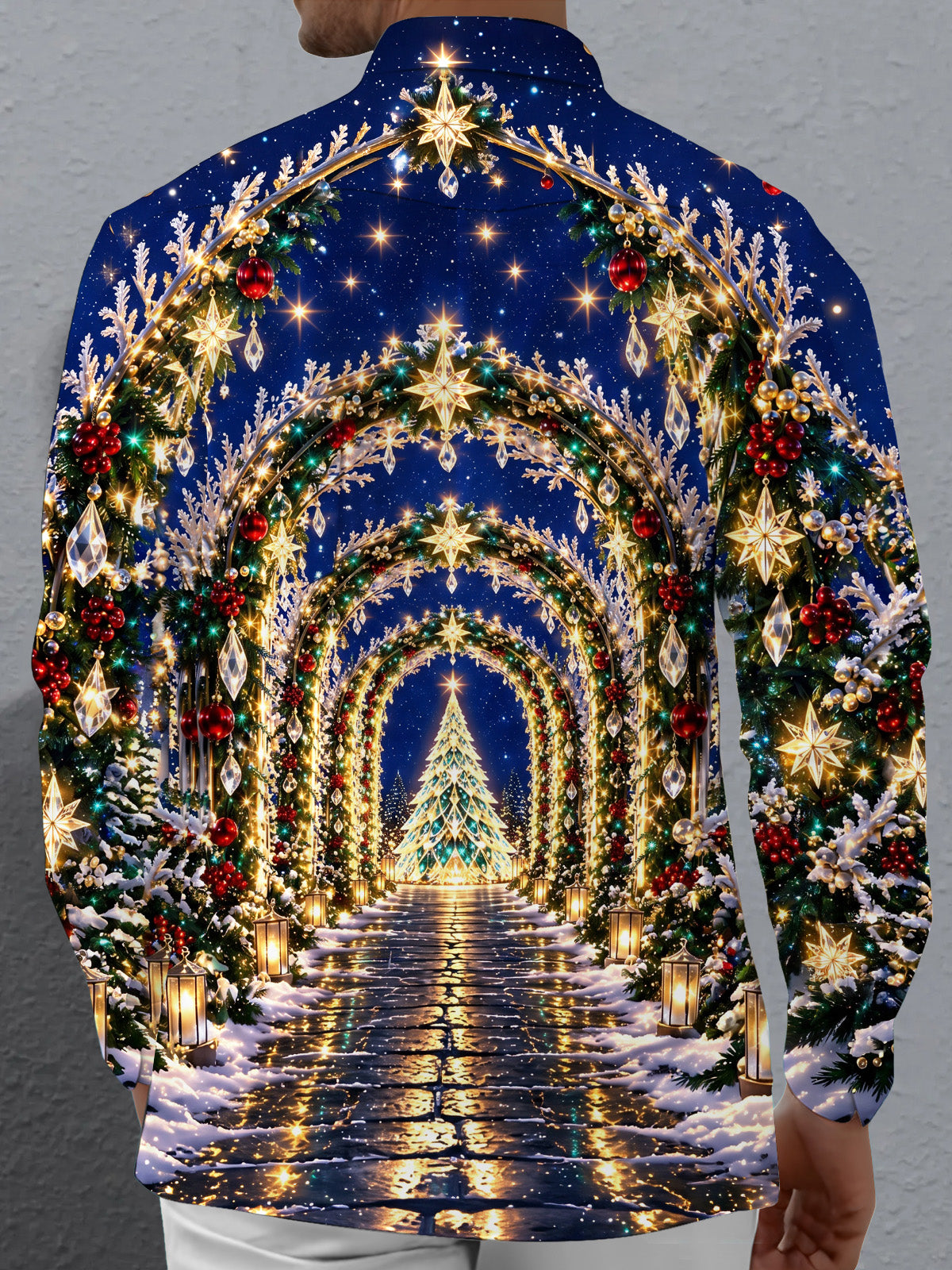 Oceanlyte Men's Long Sleeve Shirt - Christmas Tree And Archway With Ornaments Print with Chest Pocket