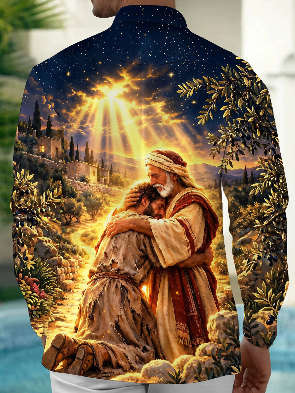 Oceanlyte Men's Printed Biblical Prodigal Son Embrace Print Long Sleeve Shirt with Chest Pocket