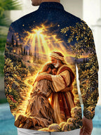 Oceanlyte Men's Printed Biblical Prodigal Son Embrace Print Long Sleeve Shirt with Chest Pocket