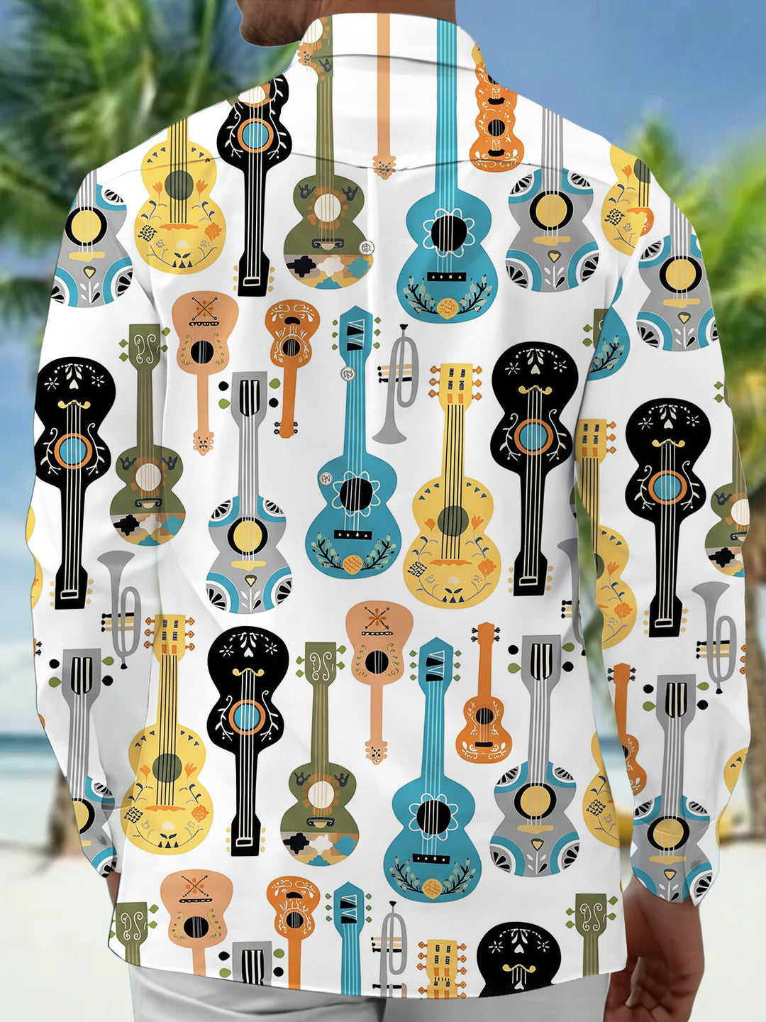 Oceanlyte Men's Graphic Musical Instruments Print Ukulele Print Long Sleeve Shirt with Chest Pocket