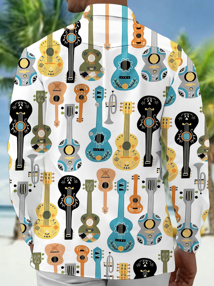 Oceanlyte Men's Graphic Musical Instruments Print Ukulele Print Long Sleeve Shirt with Chest Pocket