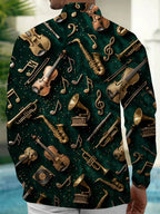 Oceanlyte Men's Vintage Musical Instruments And Notes Print Long Sleeve Shirt with Chest Pocket