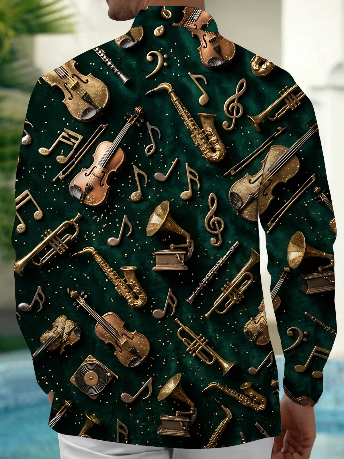 Oceanlyte Men's Vintage Musical Instruments And Notes Print Long Sleeve Shirt with Chest Pocket