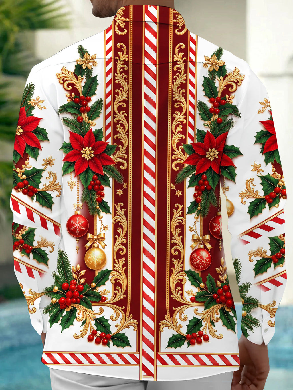 Oceanlyte Men's Long Sleeve Shirt - Poinsettia And Holly With Christmas Ornaments Print with Chest Pocket