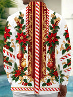 Oceanlyte Men's Long Sleeve Shirt - Poinsettia And Holly With Christmas Ornaments Print with Chest Pocket