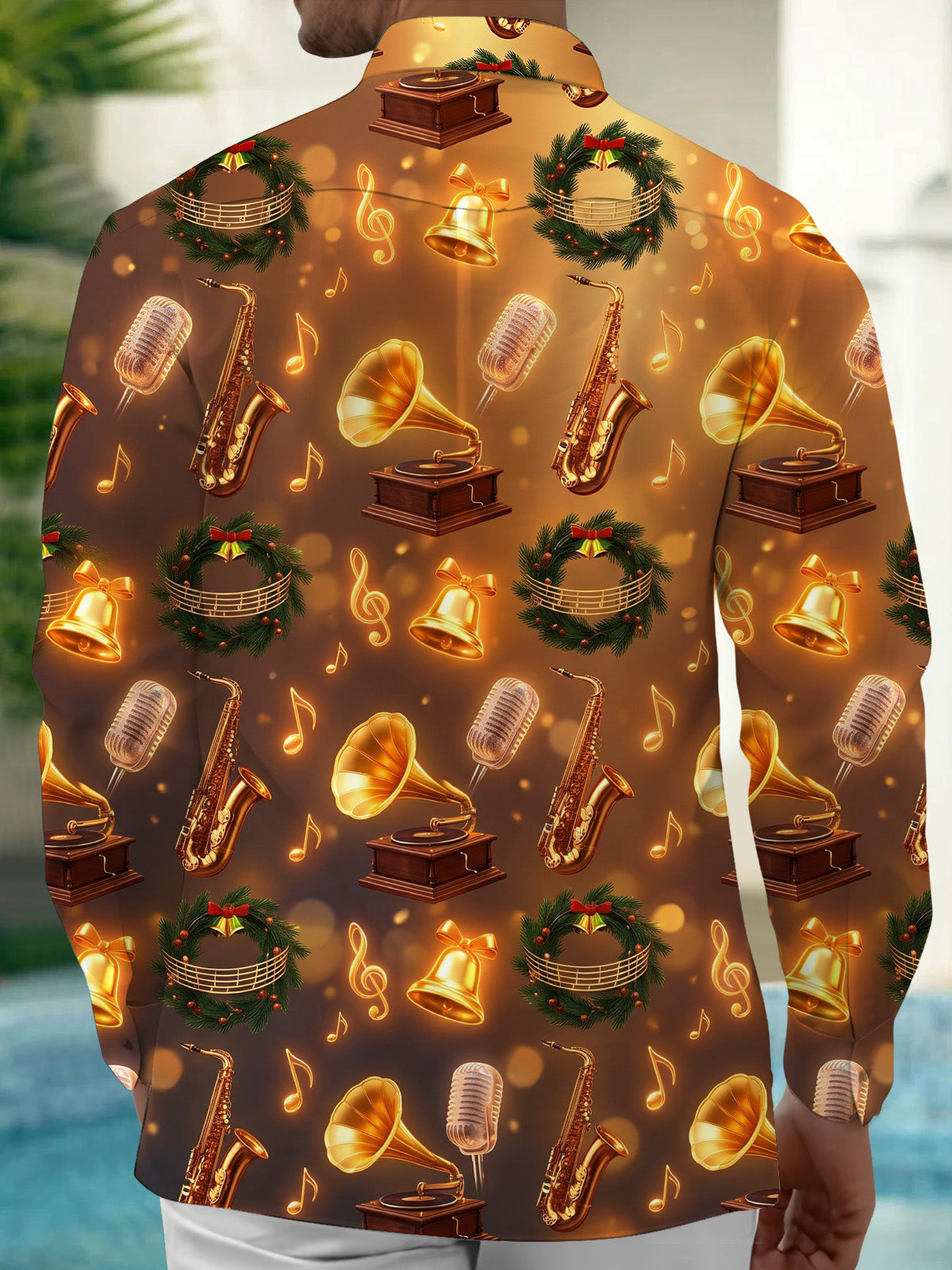 Oceanlyte Men's Christmas Wreath And Musical Instruments Print Long Sleeve Shirt with Chest Pocket