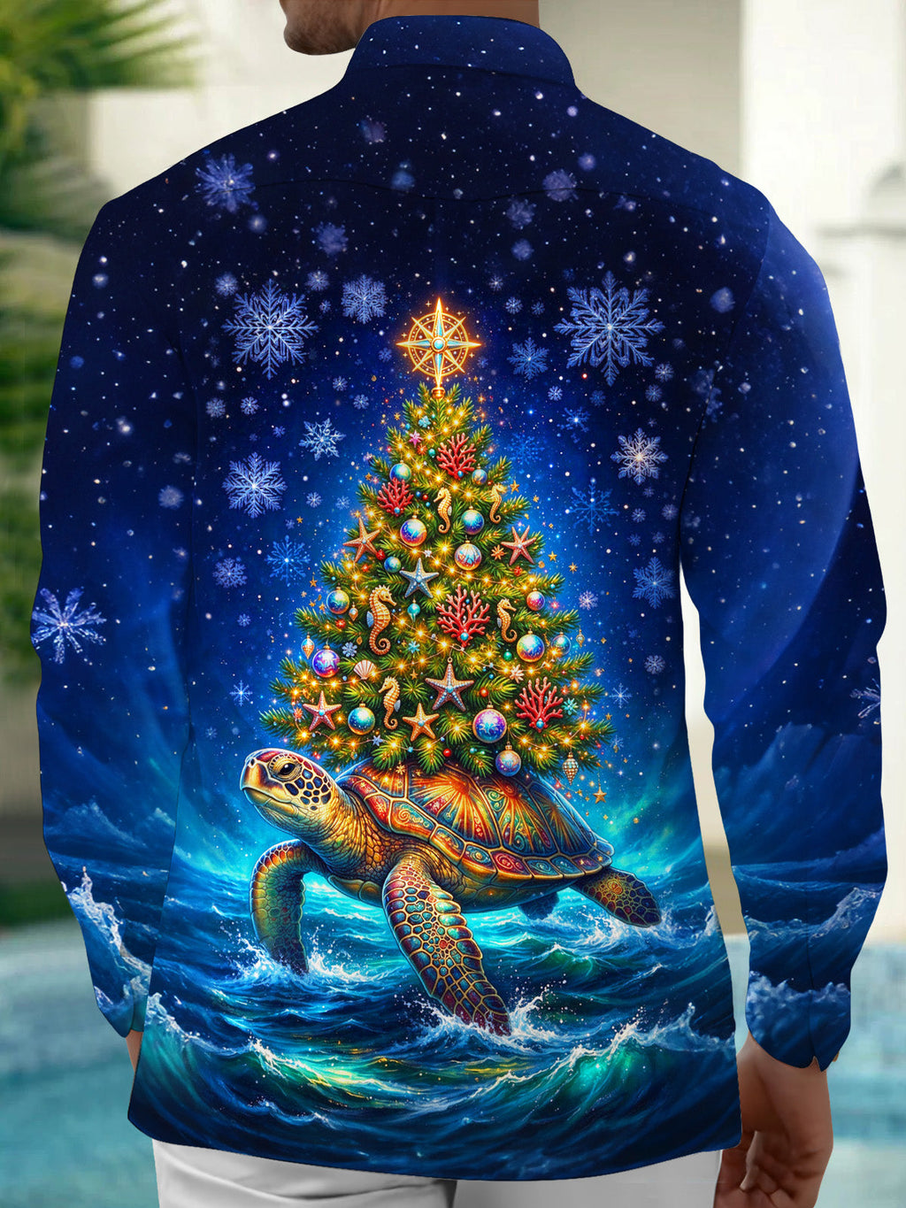 Oceanlyte Men's Graphic Sea Turtle And Christmas Tree Print Long Sleeve Shirt with Chest Pocket