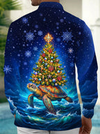 Oceanlyte Men's Graphic Sea Turtle And Christmas Tree Print Long Sleeve Shirt with Chest Pocket