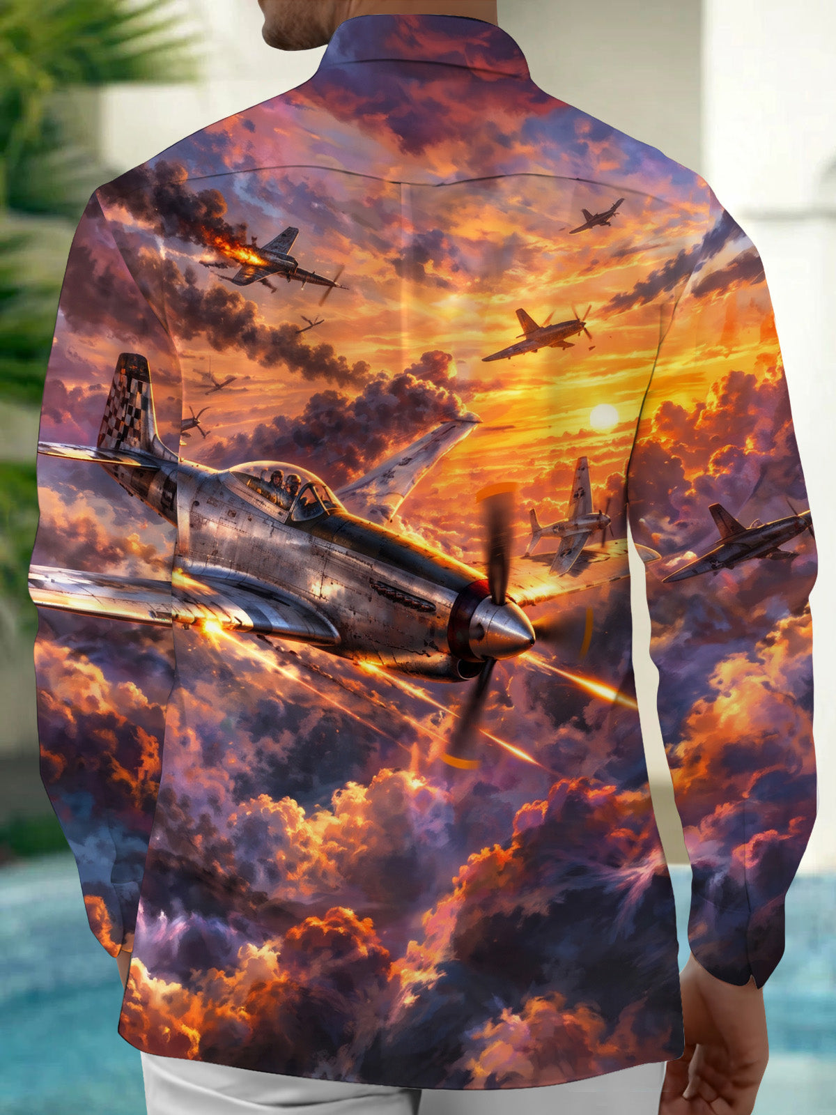 Oceanlyte Men's Long Sleeve Shirt - The "Battle of Britain" Airplanes And Sunset Sky Print with Chest Pocket