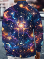 Oceanlyte Men's Galaxy Cross With Stars And Moons Print Long Sleeve Shirt with Chest Pocket