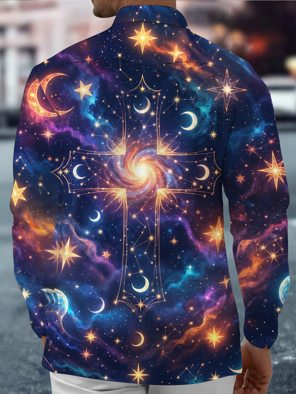 Oceanlyte Men's Galaxy Cross With Stars And Moons Print Long Sleeve Shirt with Chest Pocket