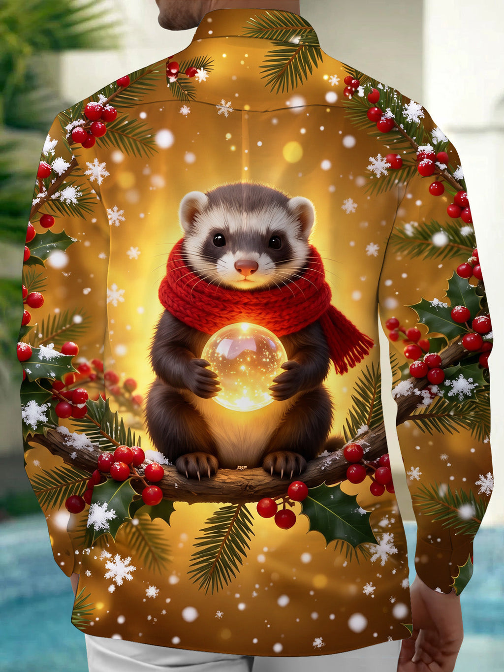 Oceanlyte Men's Long Sleeve Shirt - Christmas Ferret With Red Scarf And Glowing Orb Print with Chest Pocket