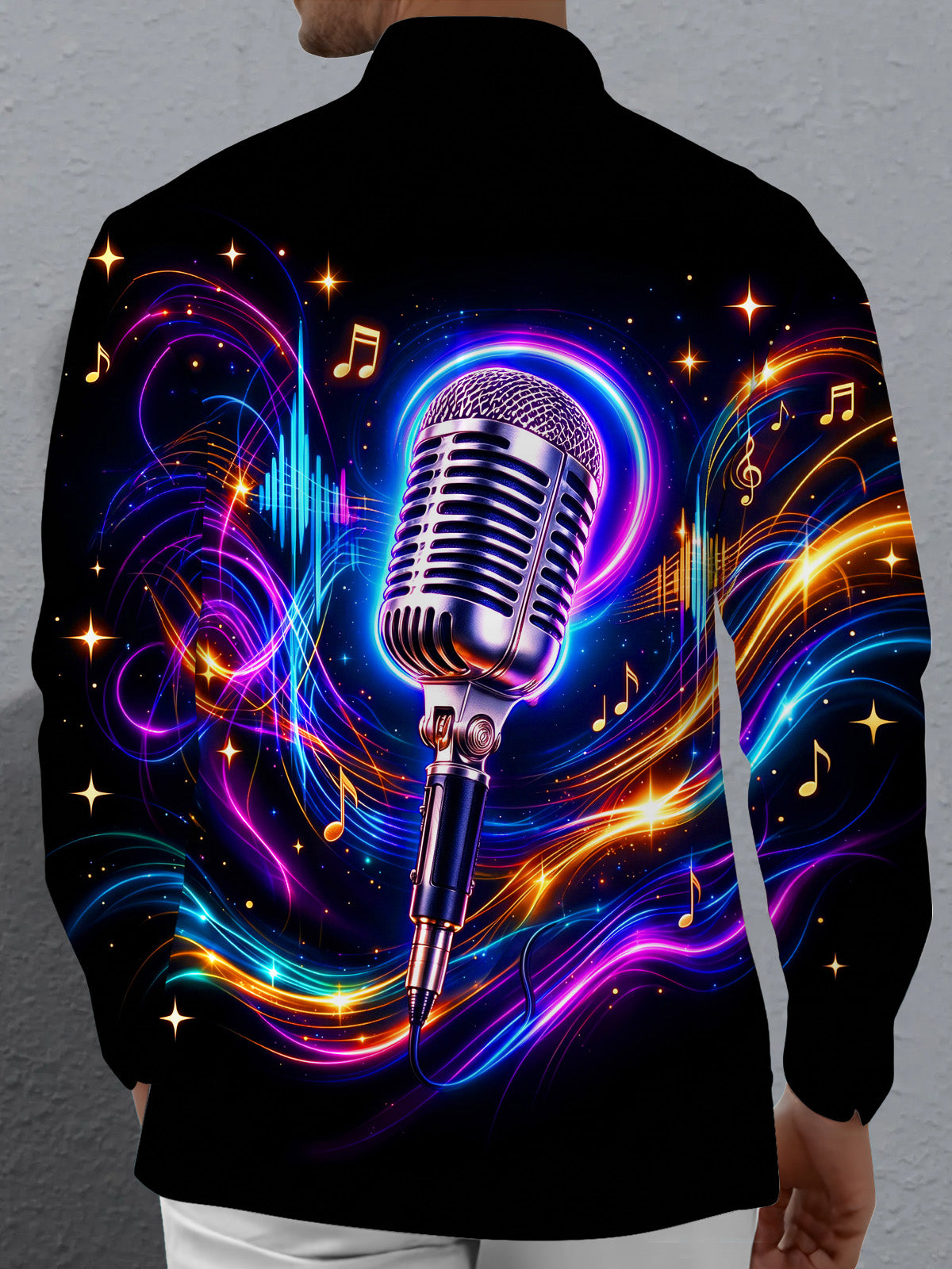 Oceanlyte Men's Long Sleeve Shirt - Vintage Microphone With Neon Music Notes And Sound Waves Print with Chest Pocket