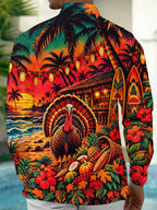 Oceanlyte Men's Thanksgiving Turkey And Harvest Basket Print Long Sleeve Shirt with Chest Pocket