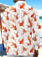 Oceanlyte Men's Hawaiian Goldfish Pattern Orange Fish Print Long Sleeve Shirt with Chest Pocket