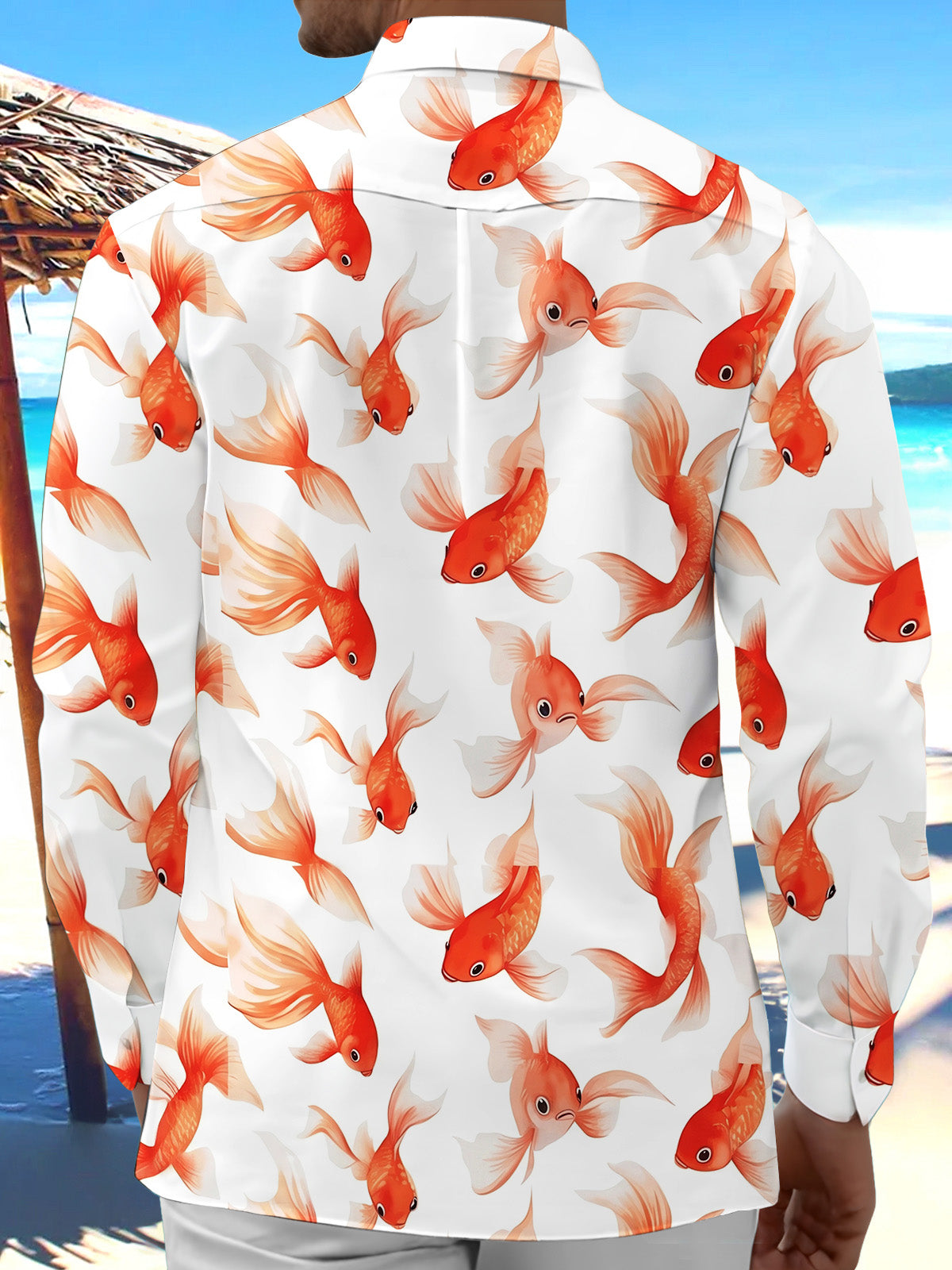 Oceanlyte Men's Hawaiian Goldfish Pattern Orange Fish Print Long Sleeve Shirt with Chest Pocket