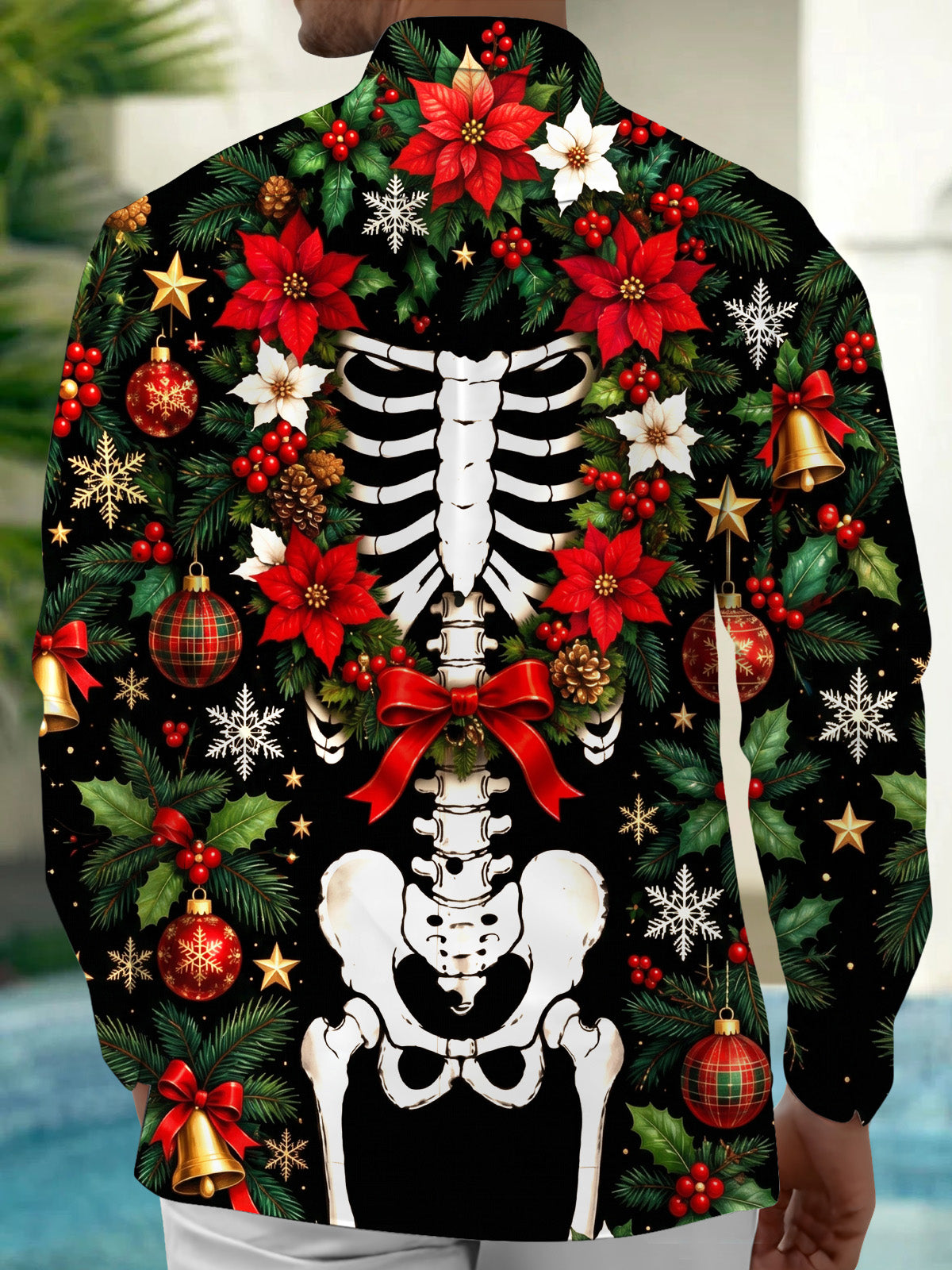 Oceanlyte Men's Skeleton Torso And Christmas Ornaments Print Long Sleeve Shirt with Chest Pocket