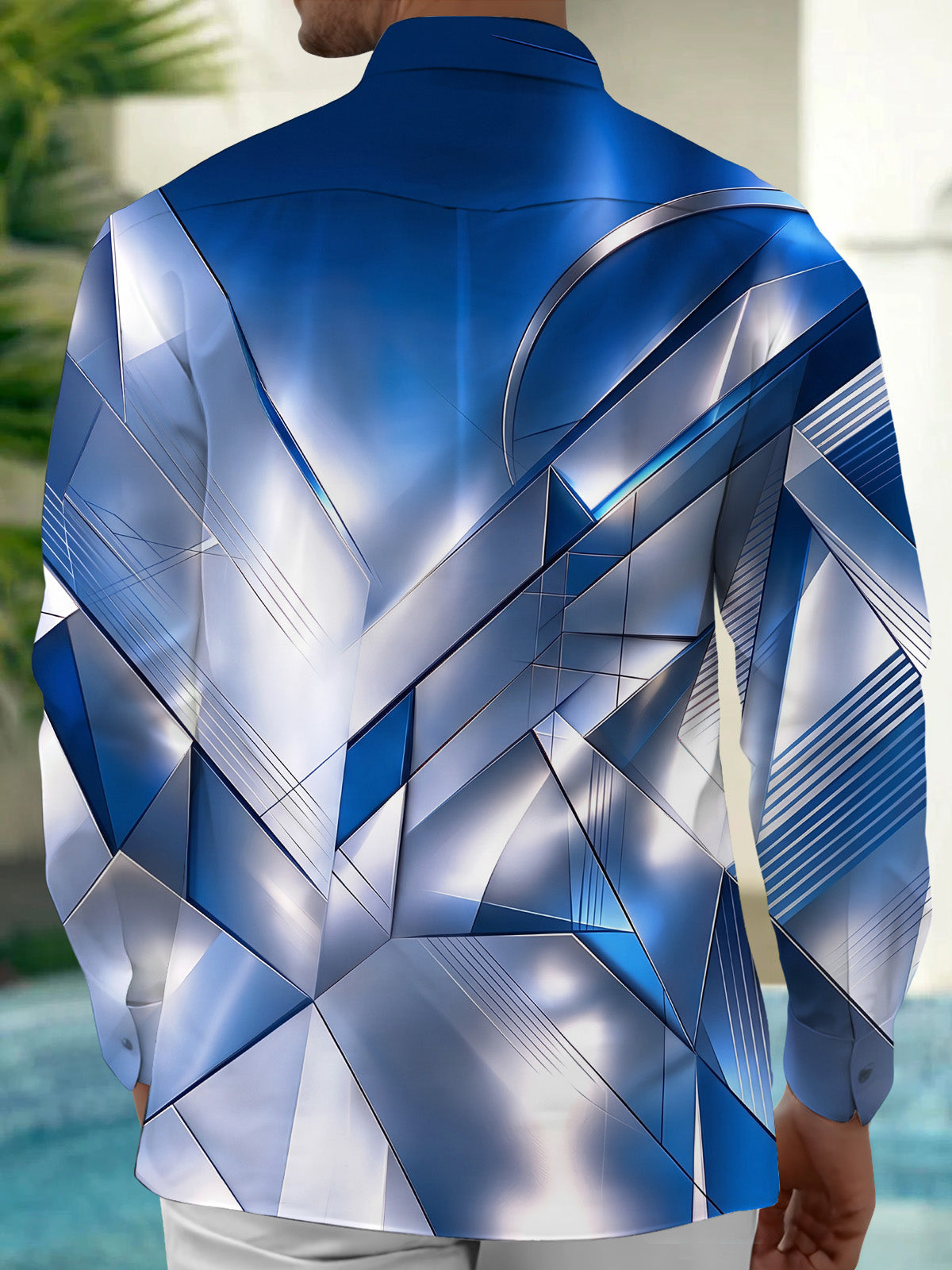 Oceanlyte Men's Long Sleeve Shirt - Blue And Silver Metallic Geometric Facets Print with Chest Pocket