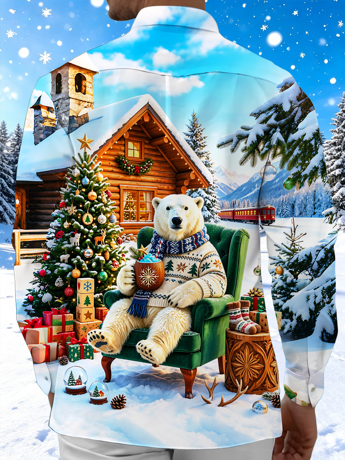 Oceanlyte Men's Long Sleeve Shirt - Christmas Polar Bear In Winter Cabin Scene Print with Chest Pocket