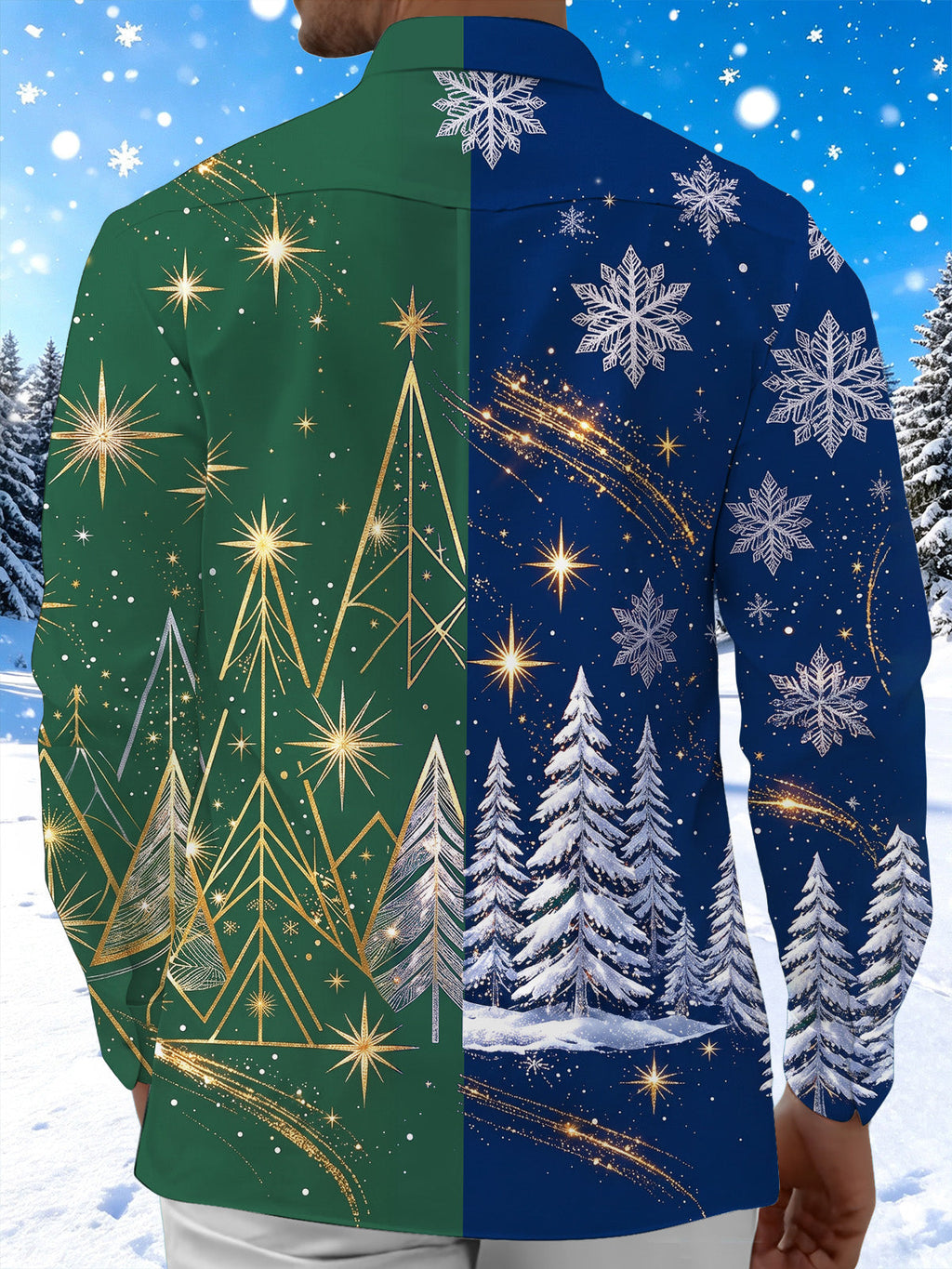 Oceanlyte Men's Long Sleeve Shirt - Color Block Christmas Trees And Golden Stars Print with Chest Pocket